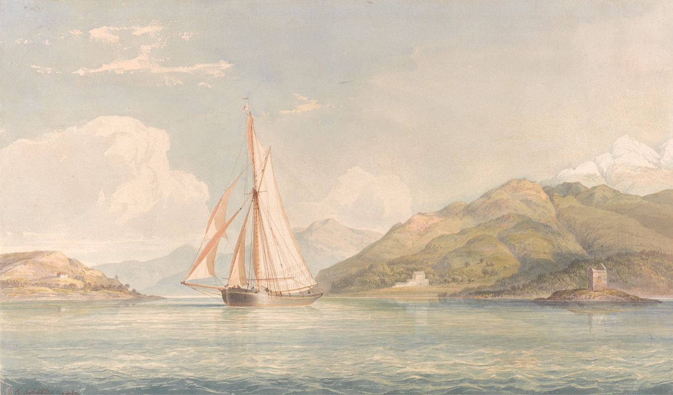 John Christian Schetky - Boat Sailing to the Left with Mountains in the Background