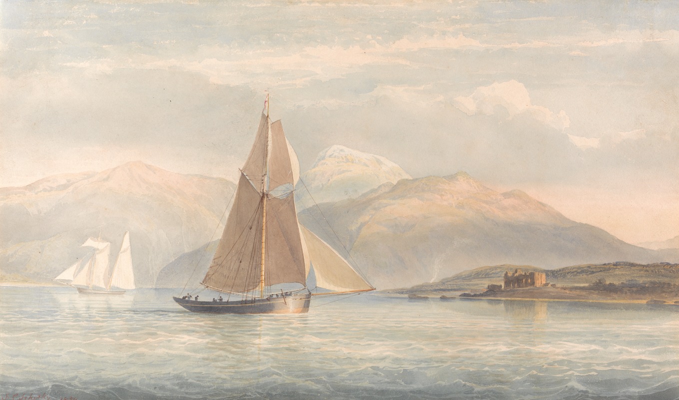 John Christian Schetky - Boat Sailing to the Right with Mountains in the Background