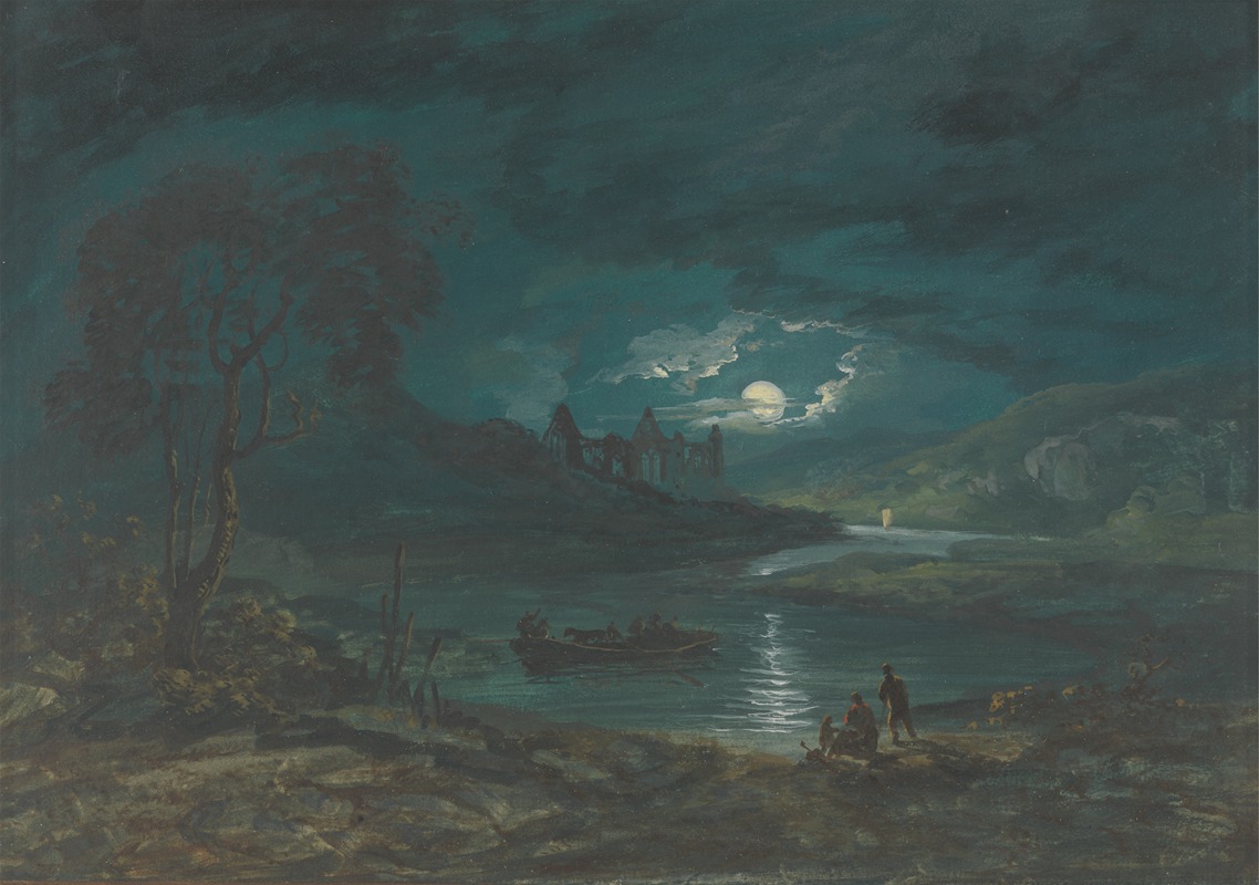 John Laporte - Night – River Landscape with a Ruined Abbey