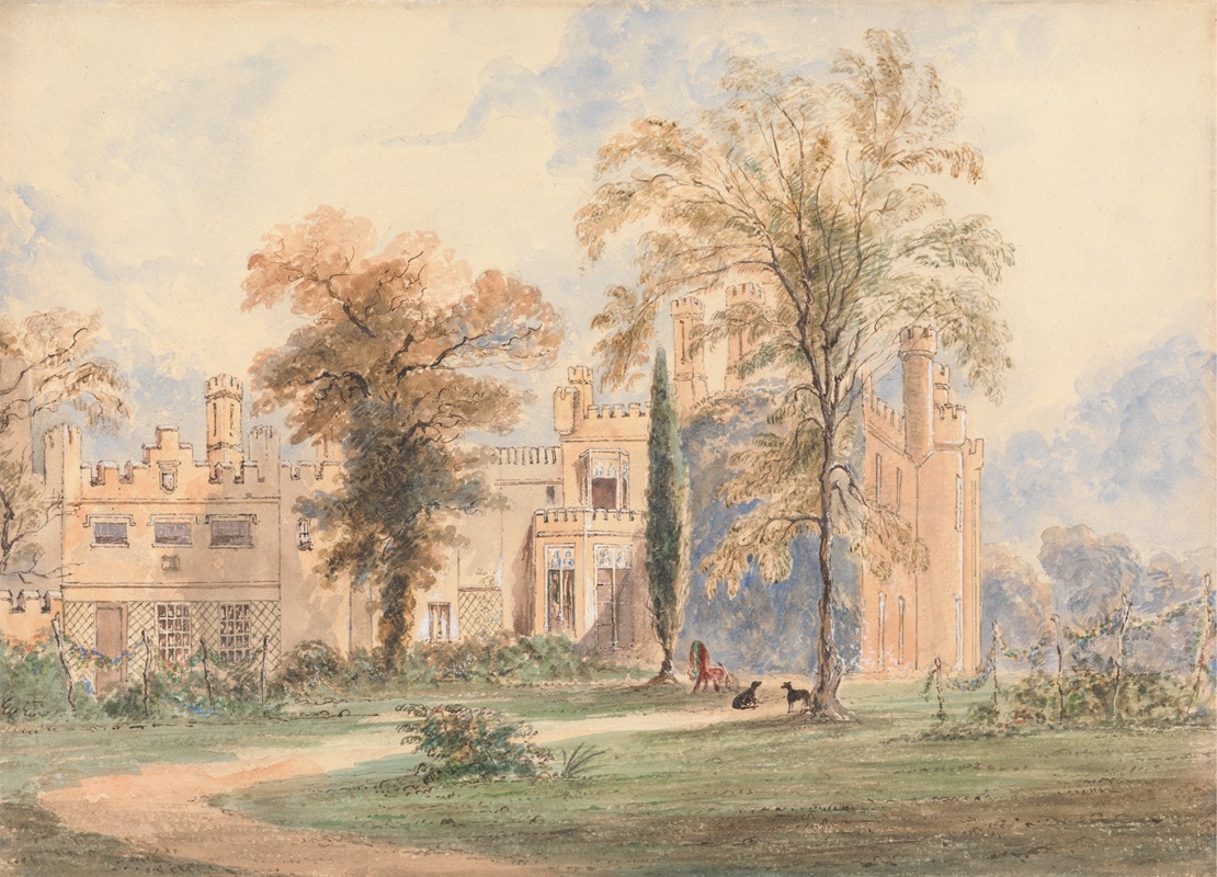 Joseph Murray Ince - An unidentified Gothic Mansion: Side View of the House with Garden