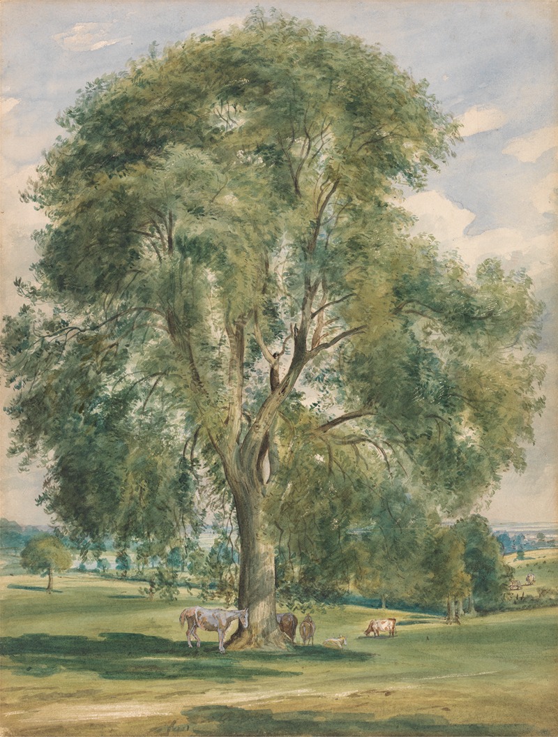 Lionel Constable - A Large Tree in a Summer Landscape, a Horse Standing at the Base