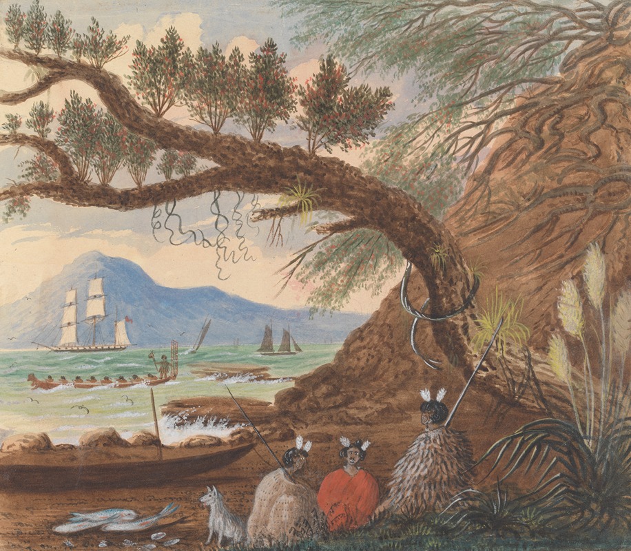 Lt. Gen. Charles Emilius Gold - View near Auckland: Three Maoris and a Dog