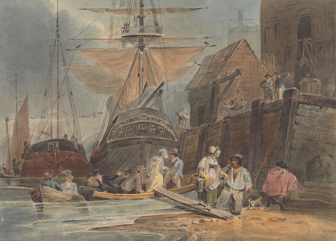 Luke Clennell - Ships at Wharf with Passengers Disembarking