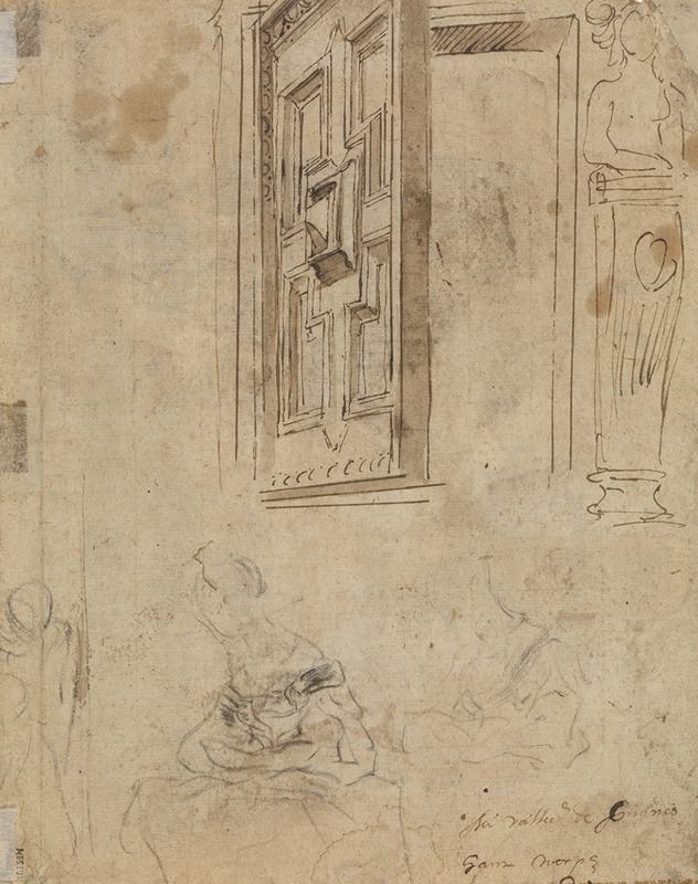 Jacob Jordaens - Die Heilige Familie mit Elisabeth und dem Johannesknaben (Rückseite- Tür, Türöffnung und Herme)