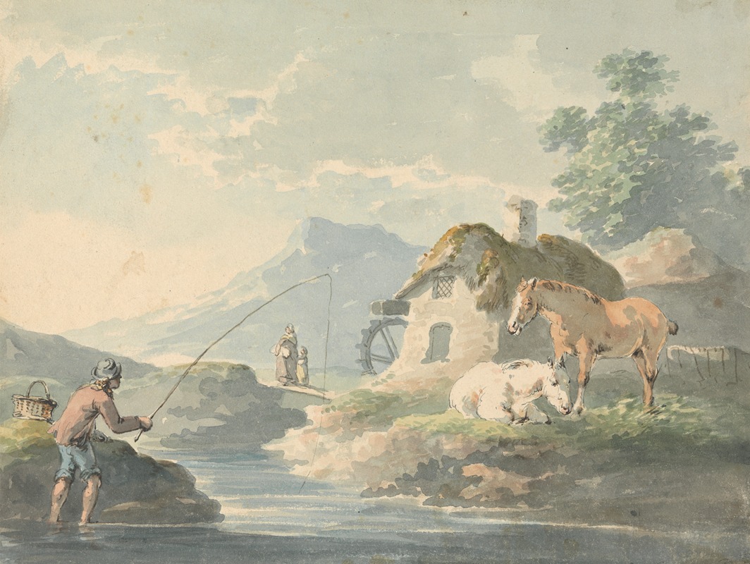 Peter La Cave - Rustic Scene: man fishing, left: cottage with water-mill and horses right