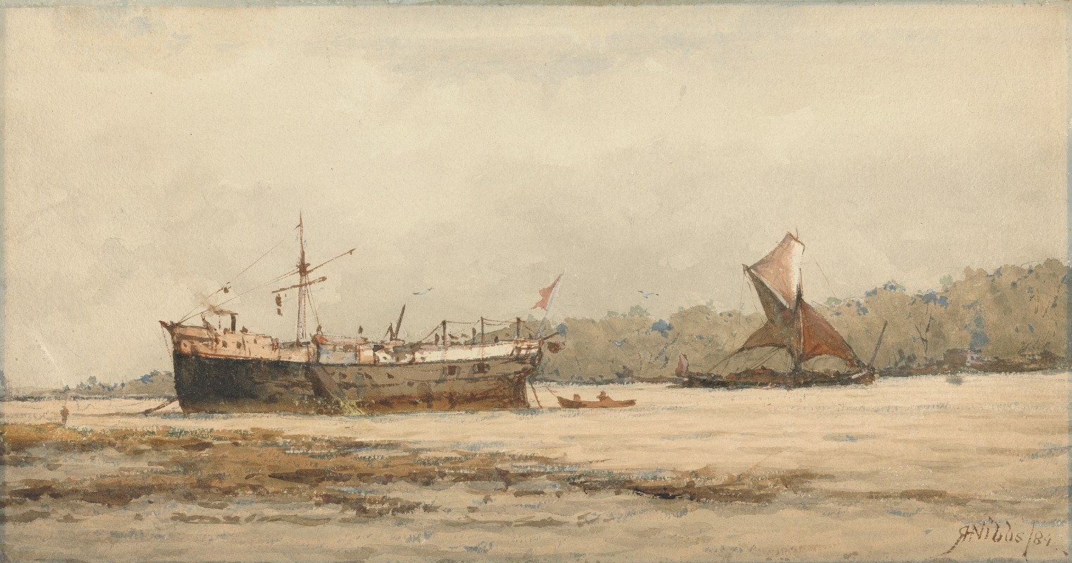 Richard Henry Nibbs - A Moored Barque and Barge in a River