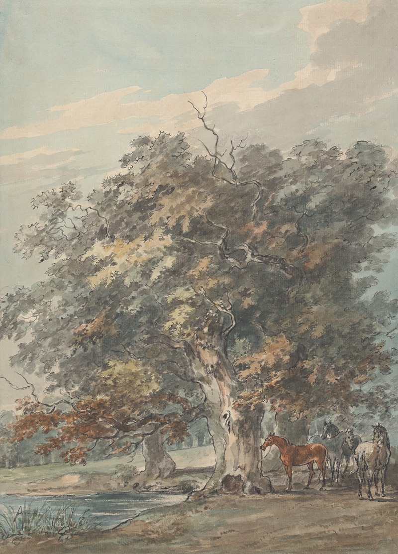 Sawrey Gilpin - Four Horses Standing in a Group in the Shade of Large Trees by Water