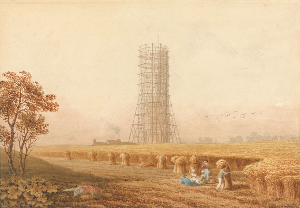 Thomas Hosmer Shepherd - Bonaparte’s Column in Scafolding at Boulogne, France, with Harvesters in a Field