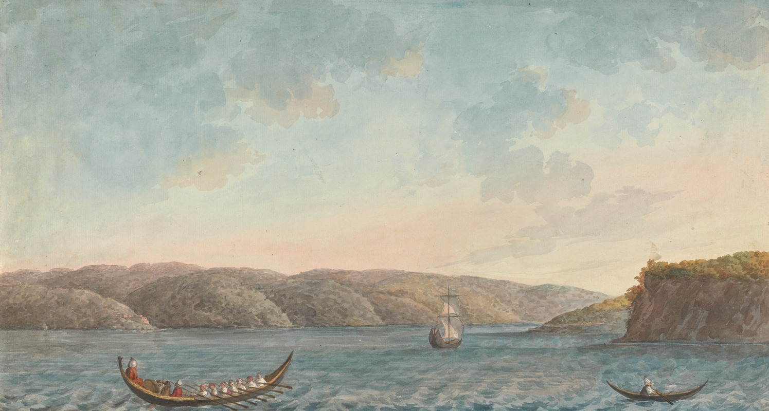 Willey Reveley - Two Rowing Boats and a Sailboat by a Steep Cliff, Hilly Landscape Seen From the Sea