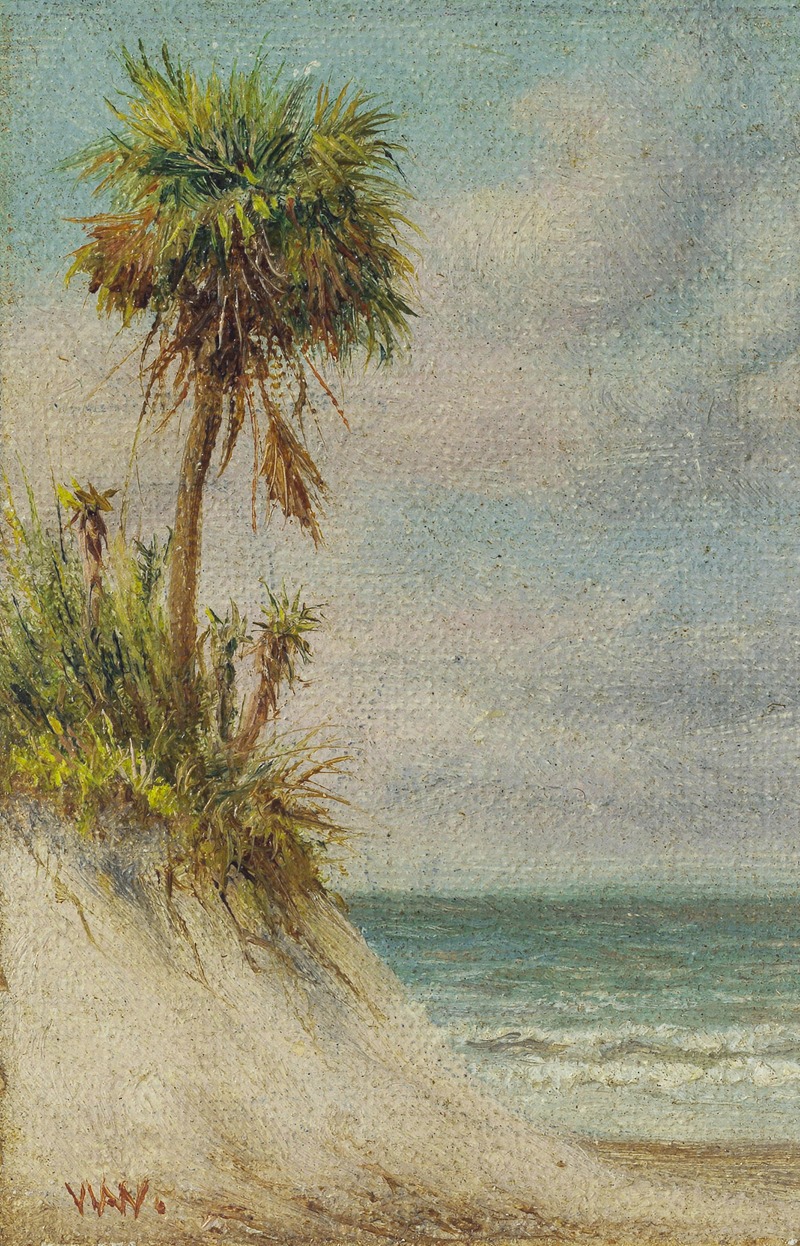 William Aiken Walker - Florida Seascape with Sand Dune and Palm Tree