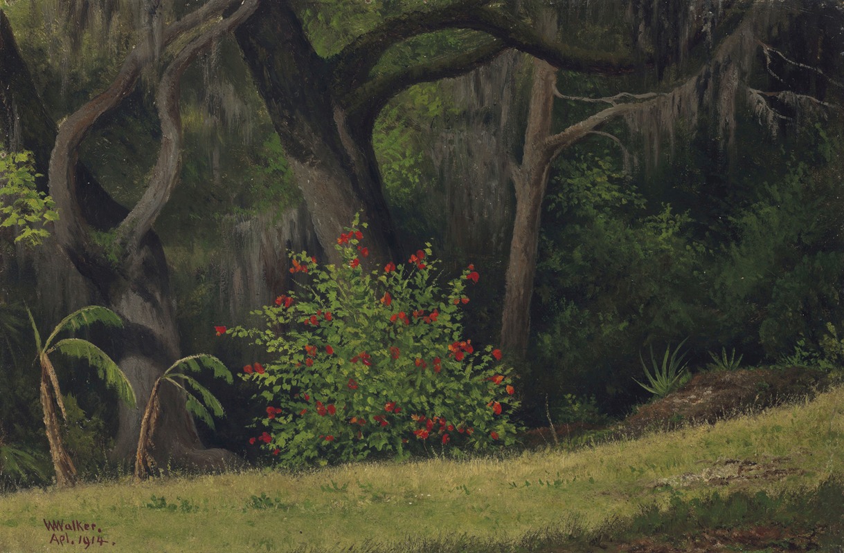 William Aiken Walker - Woodland Scene with Red-Flowered Bush