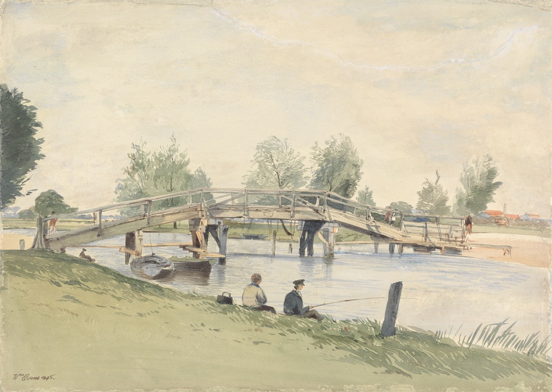 William Evans of Eton - A Rustic Bridge over the Thames, Anglers on the River Bank
