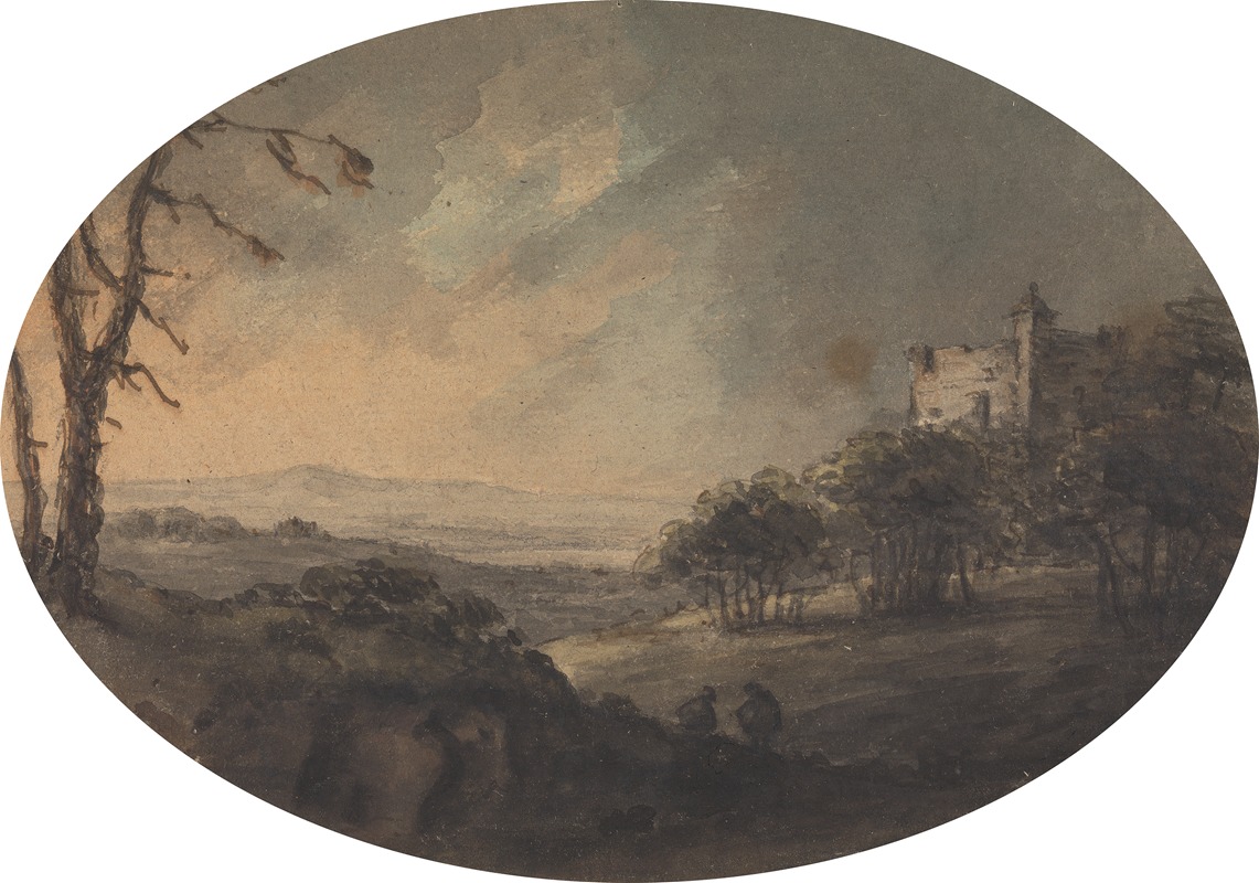 William Gilpin - Landscape with Two Men on a Hill and a Castle in the Distance