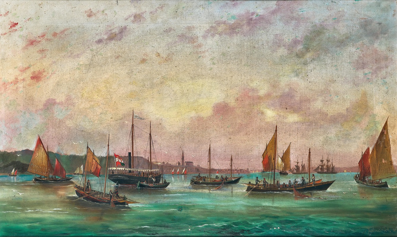Basilio Ivankovic - The Tall-Masted Steamer UNION under the Austro-Hungarian Merchant Flag amidst Numerous Fishing Boats off Piran, Slovenia
