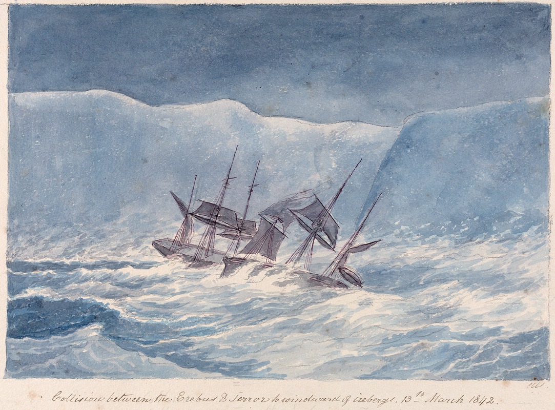 Charles Hamilton Smith - Collision Between the Erebus & Terrror to Windward of Icebergs, 13th March 1842