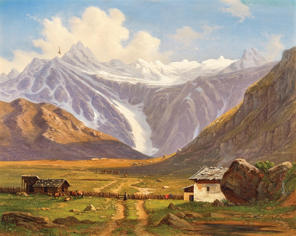 Emil Ludwig Löhr - A Mountain Pasture with an Alpine Hut