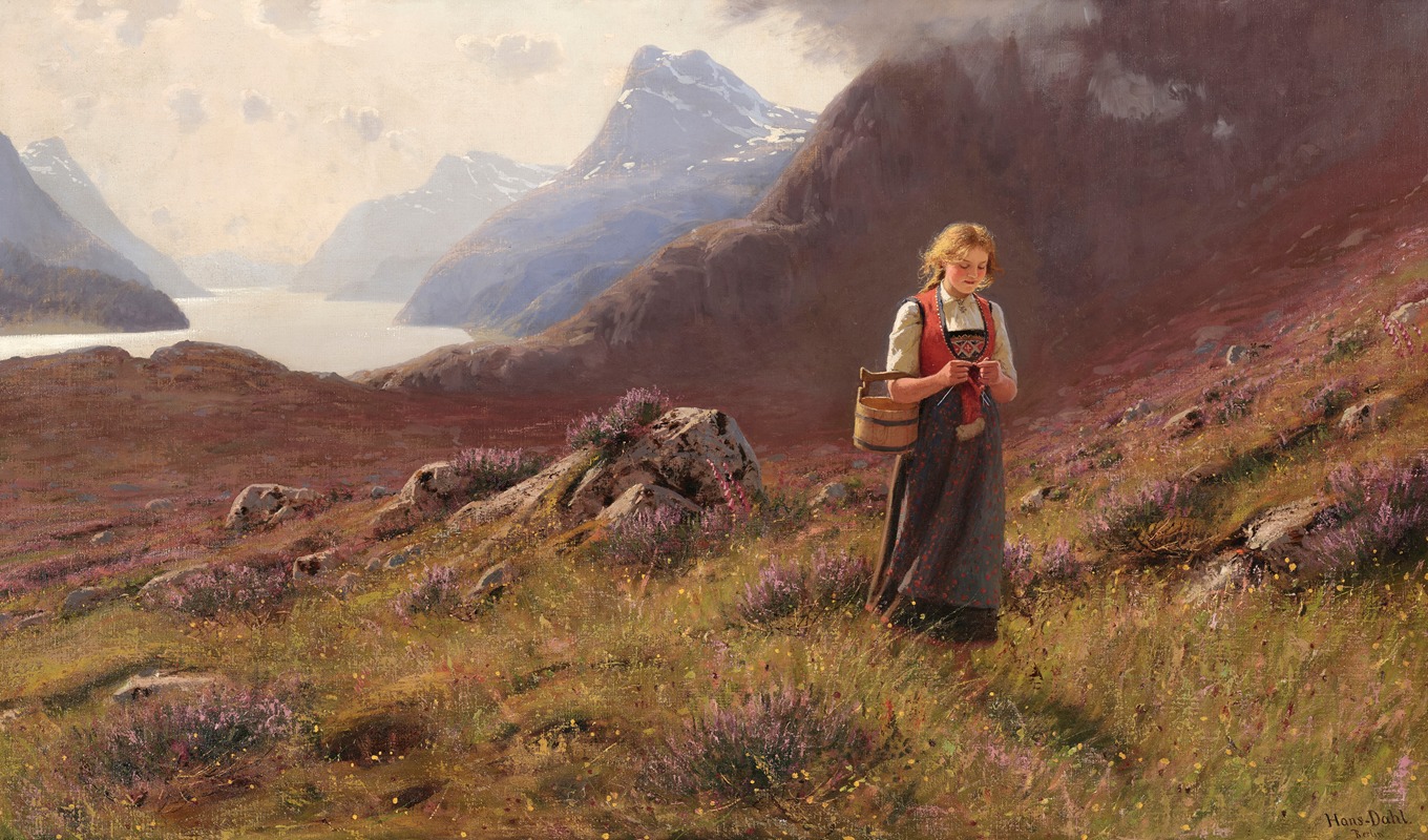 Hans Dahl - A girl knitting in a Norwegian landscape