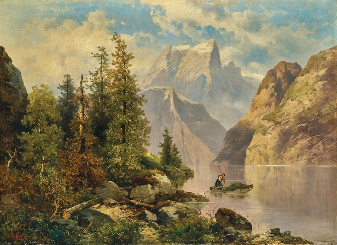 Josef Thoma - A Mountain Lake with a Boat