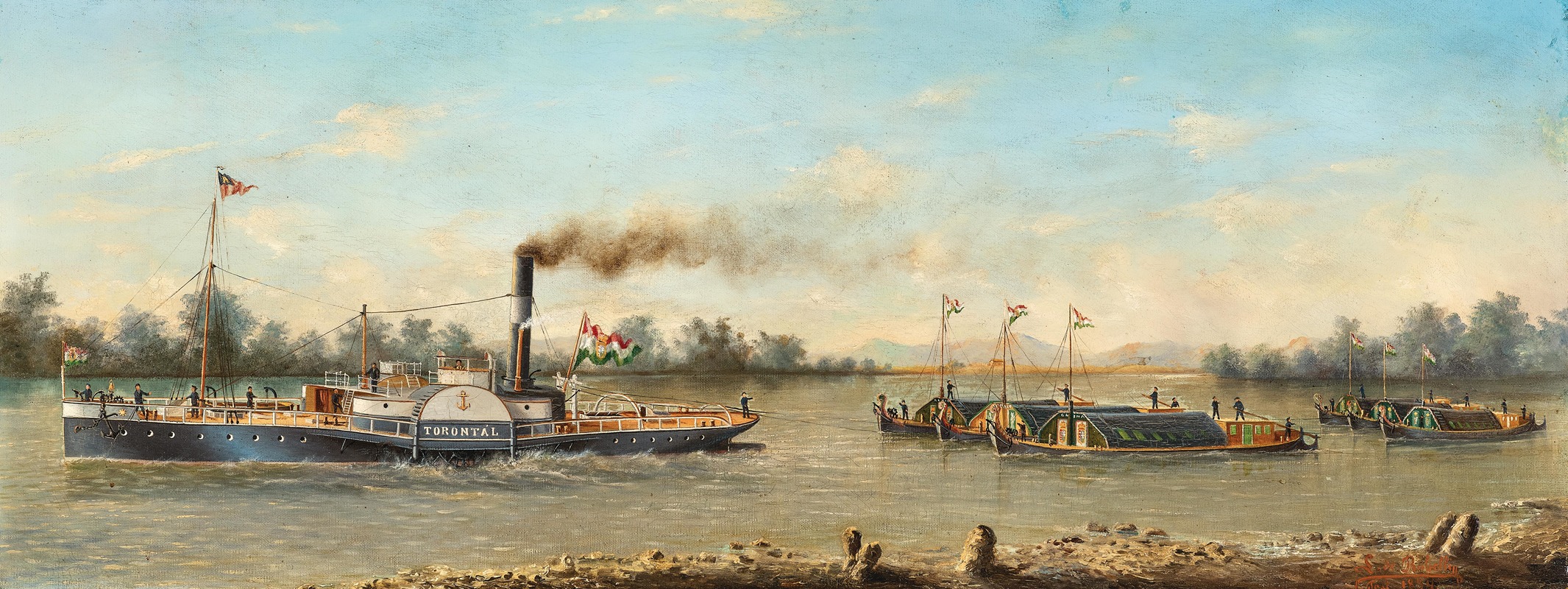 Ludwig Rubelli von Sturmfest - Tugboat TORONTÁL with Ships and Barges on a Southern Hungarian River, probably the Danube