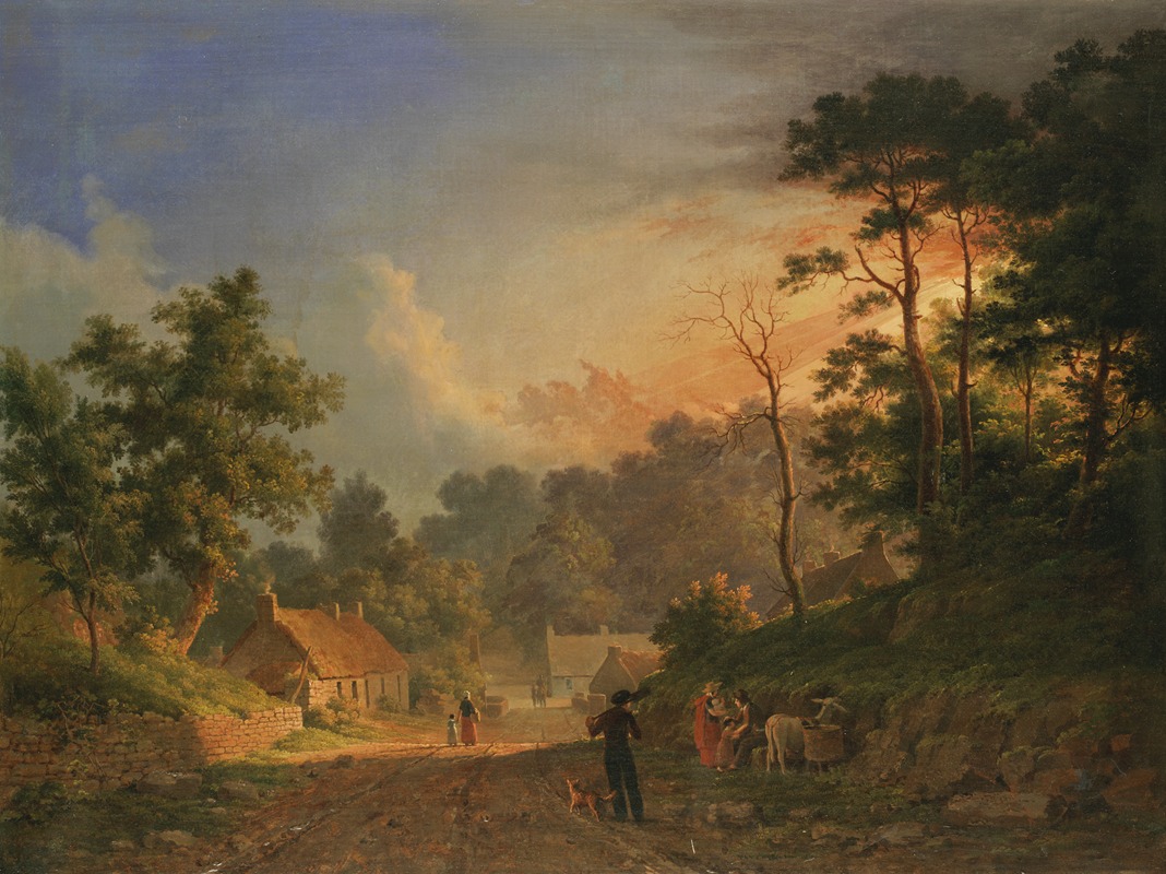 Abraham Pether - Sunset over a rural landscape