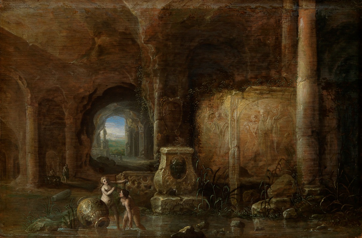 Abraham van Cuylenborch - Grotto with ancient sculptures and bathing women