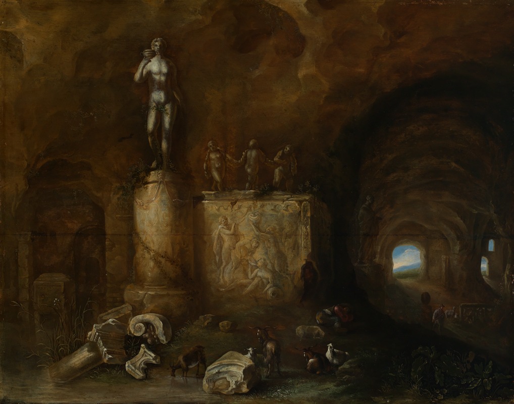 Abraham van Cuylenborch - Interior of a grotto with sculptures and a sleeping shepherd