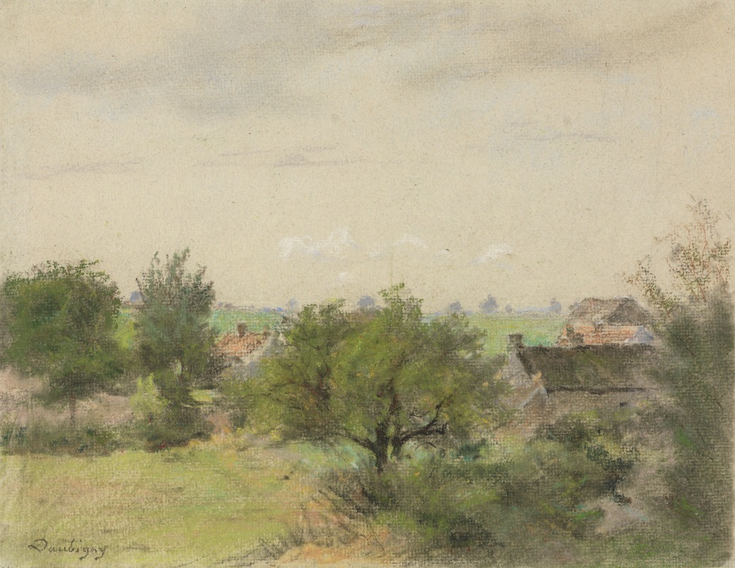 Charles François Daubigny - Landschaft mit Häusern zwischen Bäumen