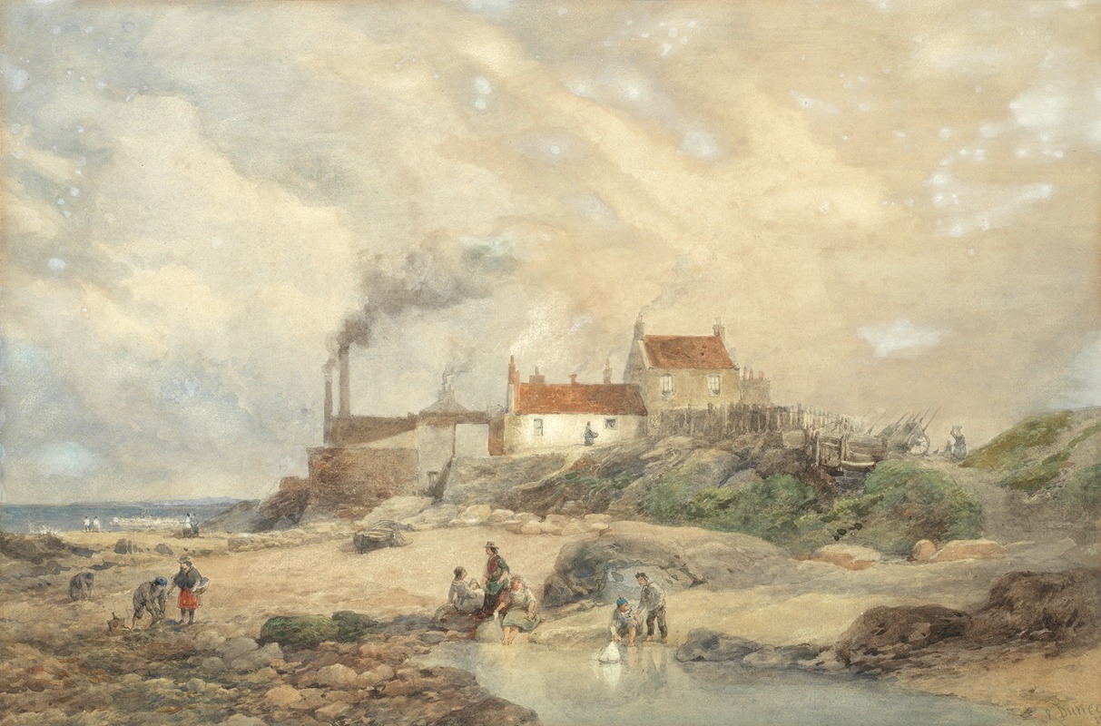 Edward Duncan - Children playing on the beach with smoke house beyond