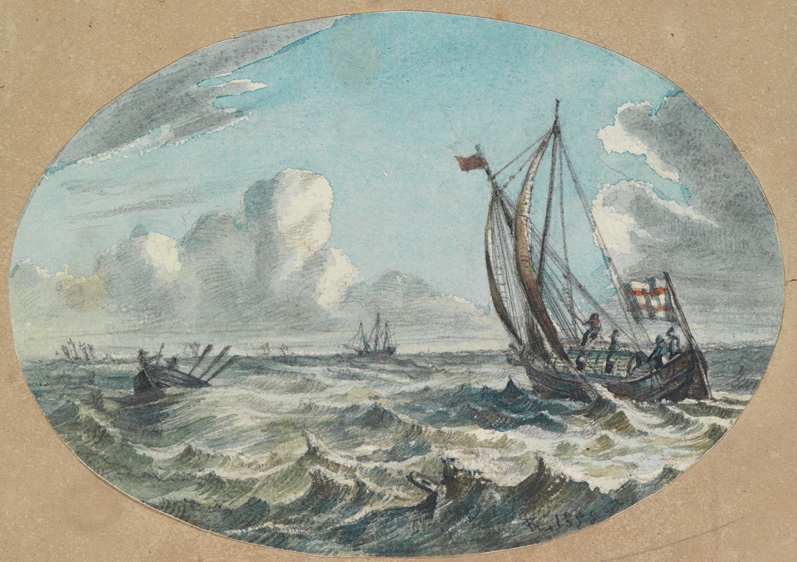 Ferdinand Keller - Seestück- Segel und Ruderboote auf bewegtem Meer