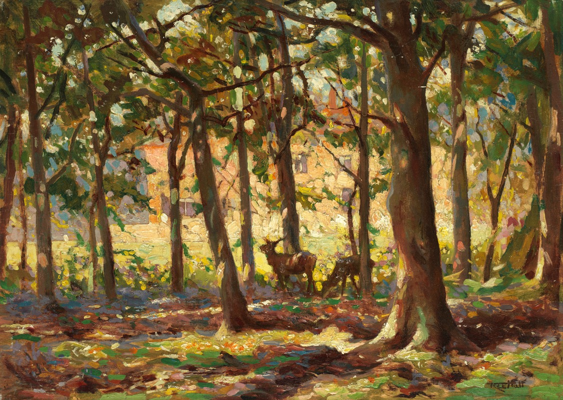 Frederick Hall - Deer in sunlight copse