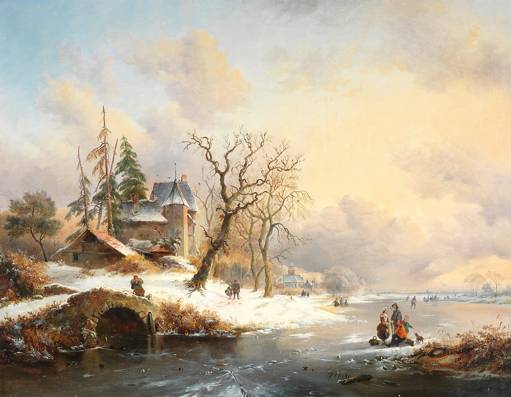Frederik Marinus Kruseman - Winter landscape with figures near a mansion