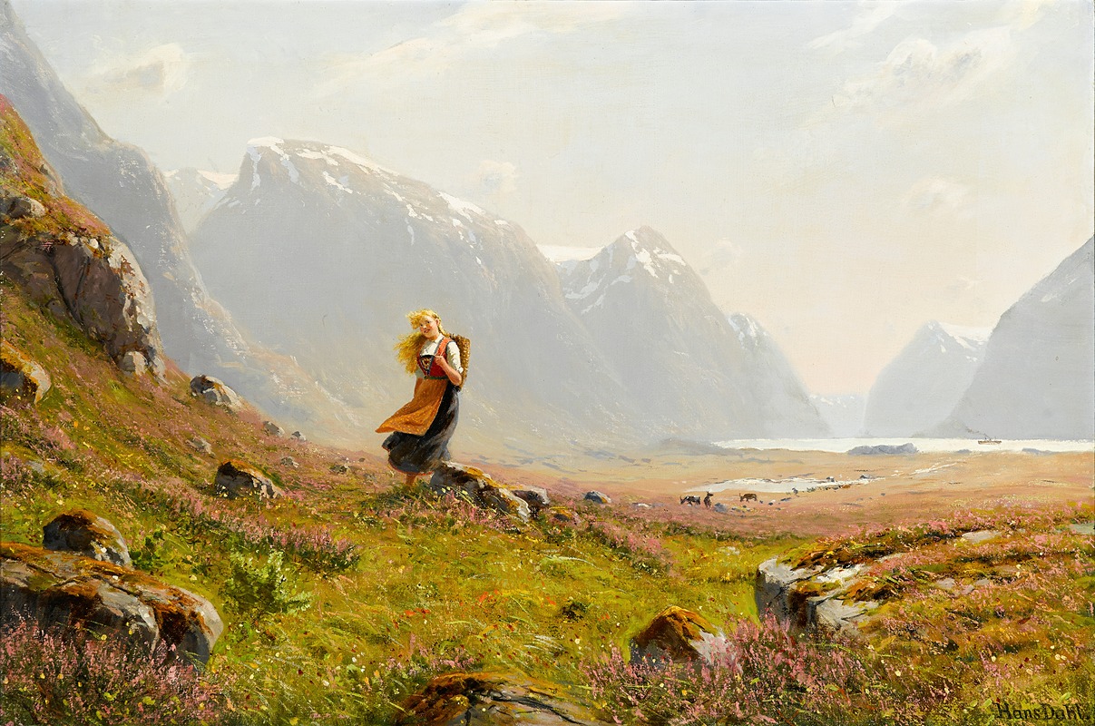 Hans Dahl - Young girl on a summer alpine stroll