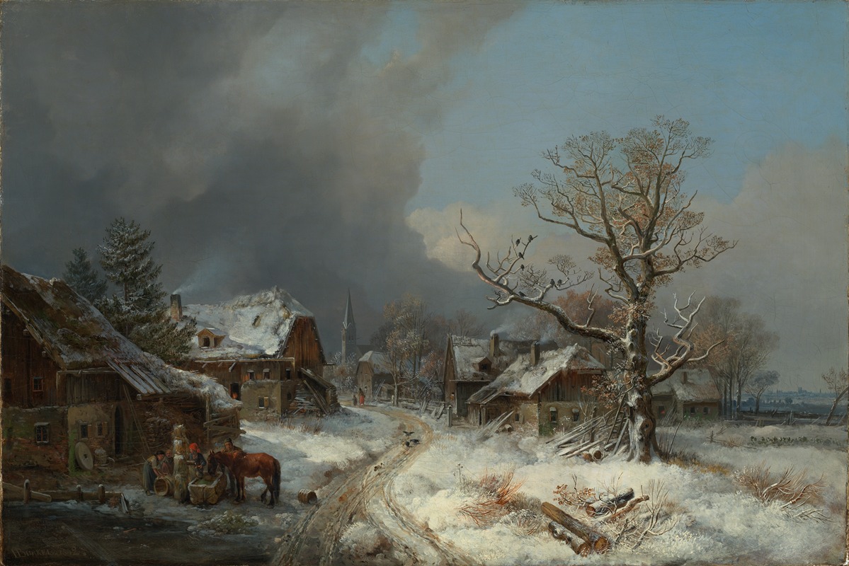 Heinrich Bürkel - Dorfstrasse im Winter mit Tränke