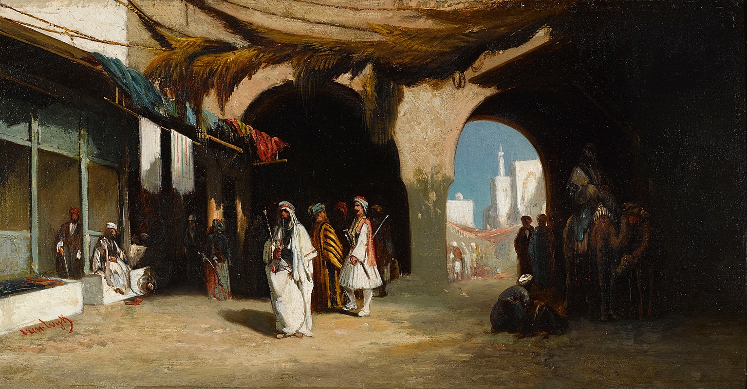 Henri Van Wyk - A view of a North African courtyard with market beyond