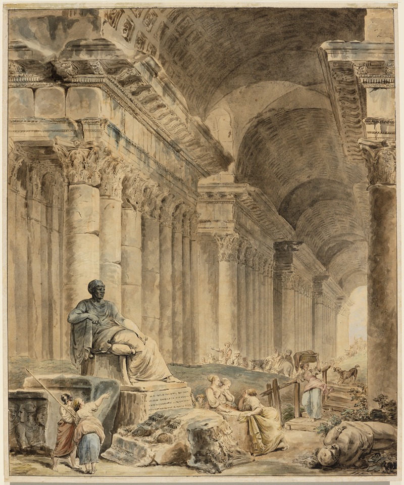 Hubert Robert - Gewölbte Säulengalerie mit antikischer Sitzstatue
