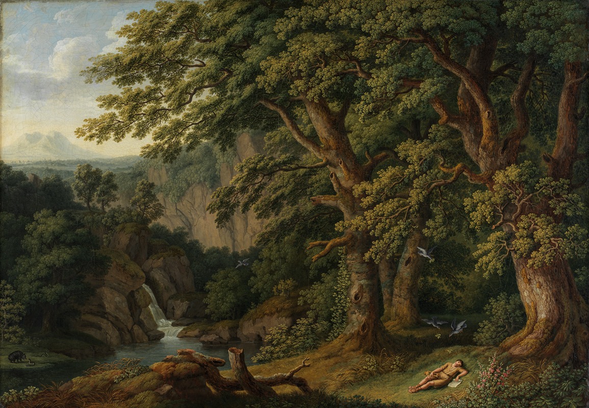 Jakob Philipp Hackert - Waldlandschaft mit dem schlafenden, von Tauben behüteten Knaben Horaz