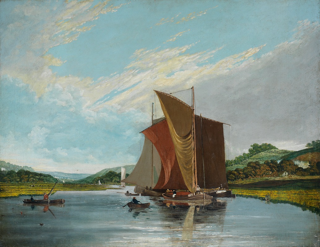 James Baker Pyne - Barges on a river