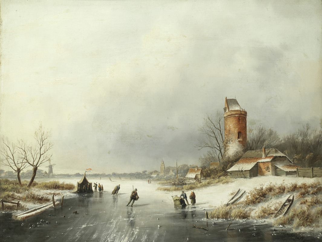 Jan Jacob Coenraad Spohler - A winter landscape with figures on the ice