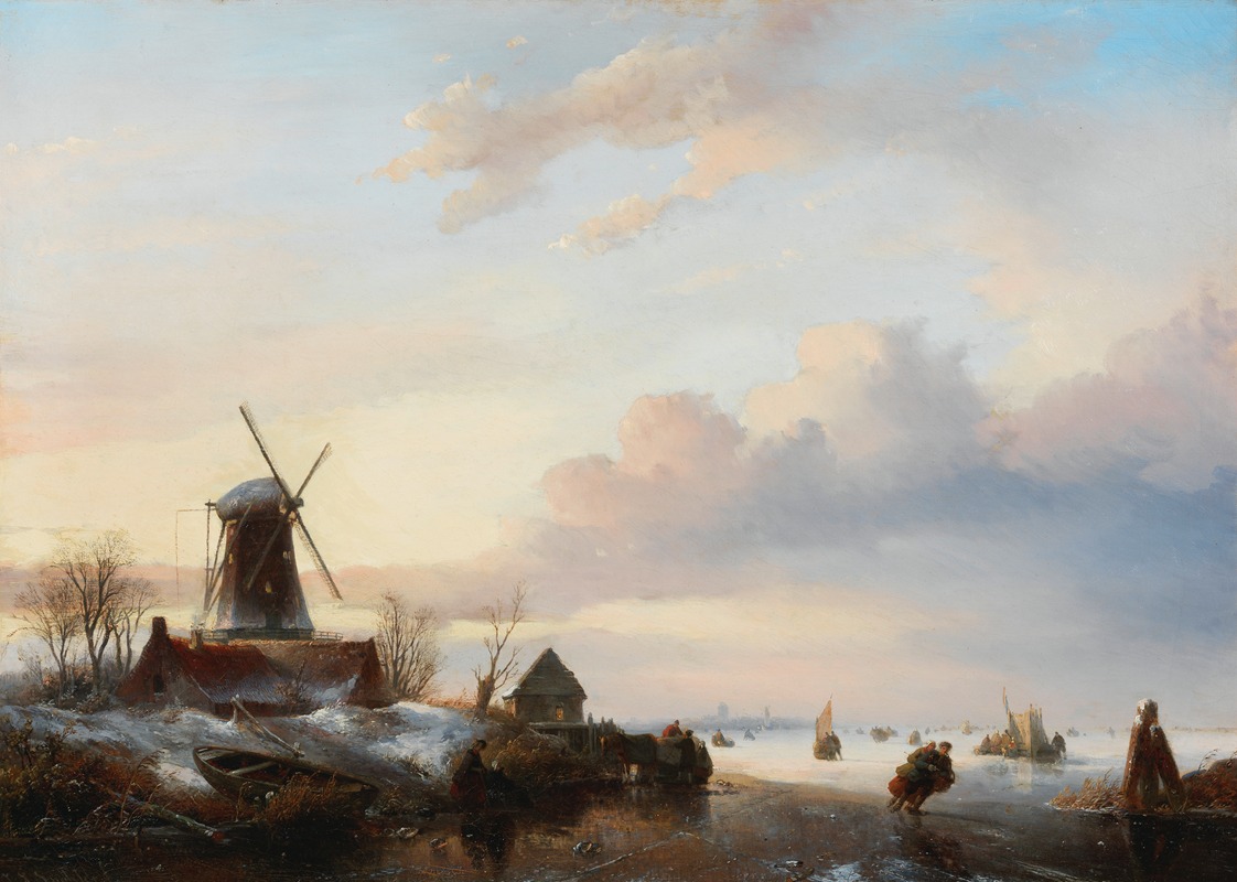 Jan Jacob Coenraad Spohler - Winter landscape with skaters beside a windmill