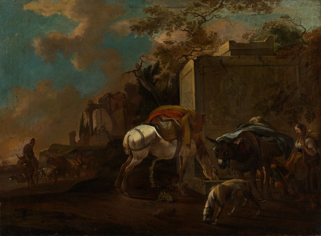 Jan van Ossenbeeck - Italienische Landschaft mit Bauern und Vieh am Brunnen