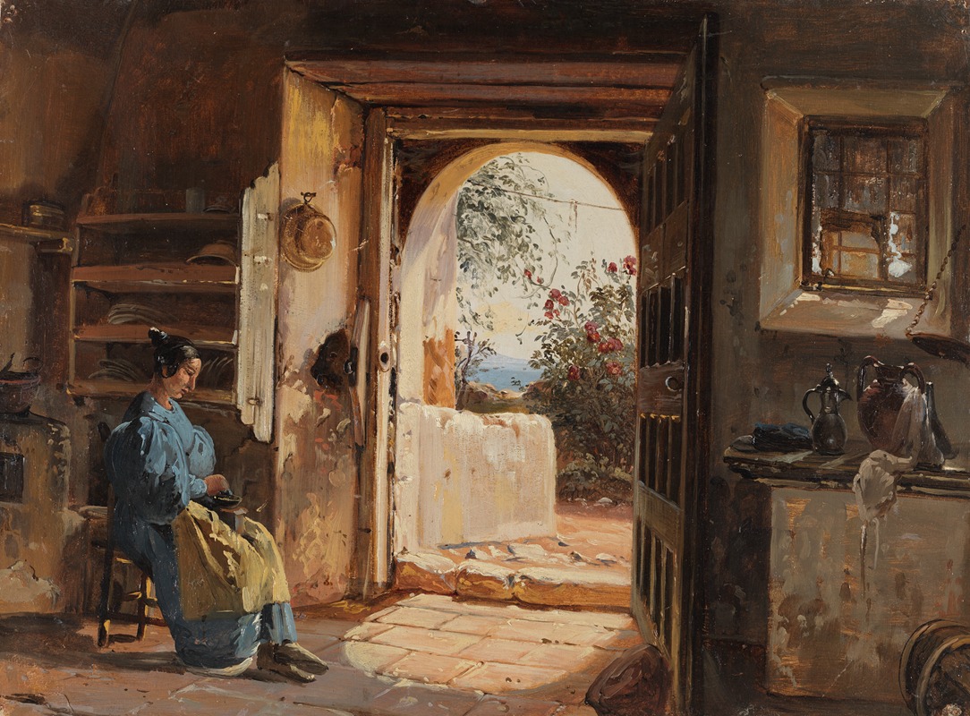 Johann Baptist Kirner - Italienische Stube mit einer sitzenden, Kaffee mahlenden Frau, die den Blick auf Garten und Meer freigibt