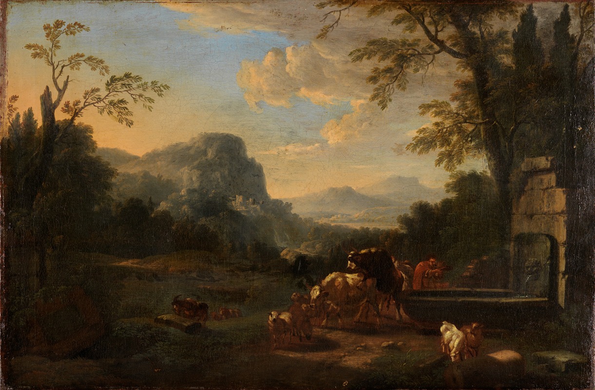 Johann Franciscus Ermels - Südliche Gebirgslandschaft mit Hirt und Herde am Brunnen