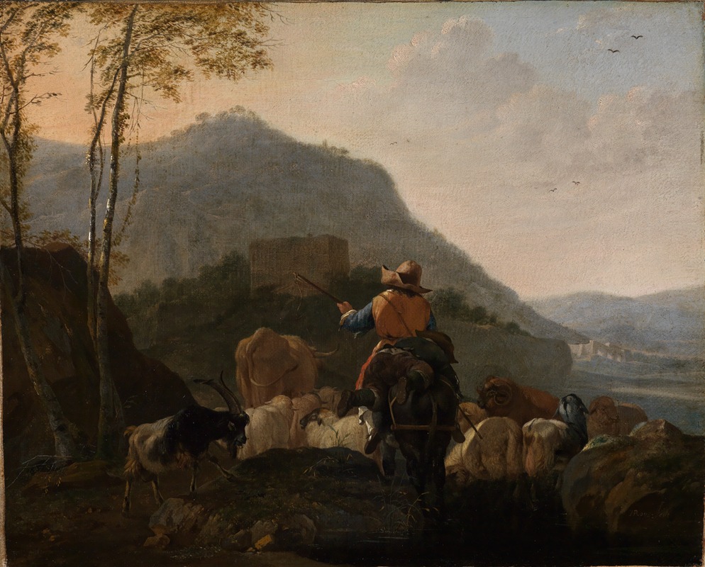 Johann Heinrich Roos - Ausziehende Hirten mit ihrer Herde in südlicher Berglandschaft
