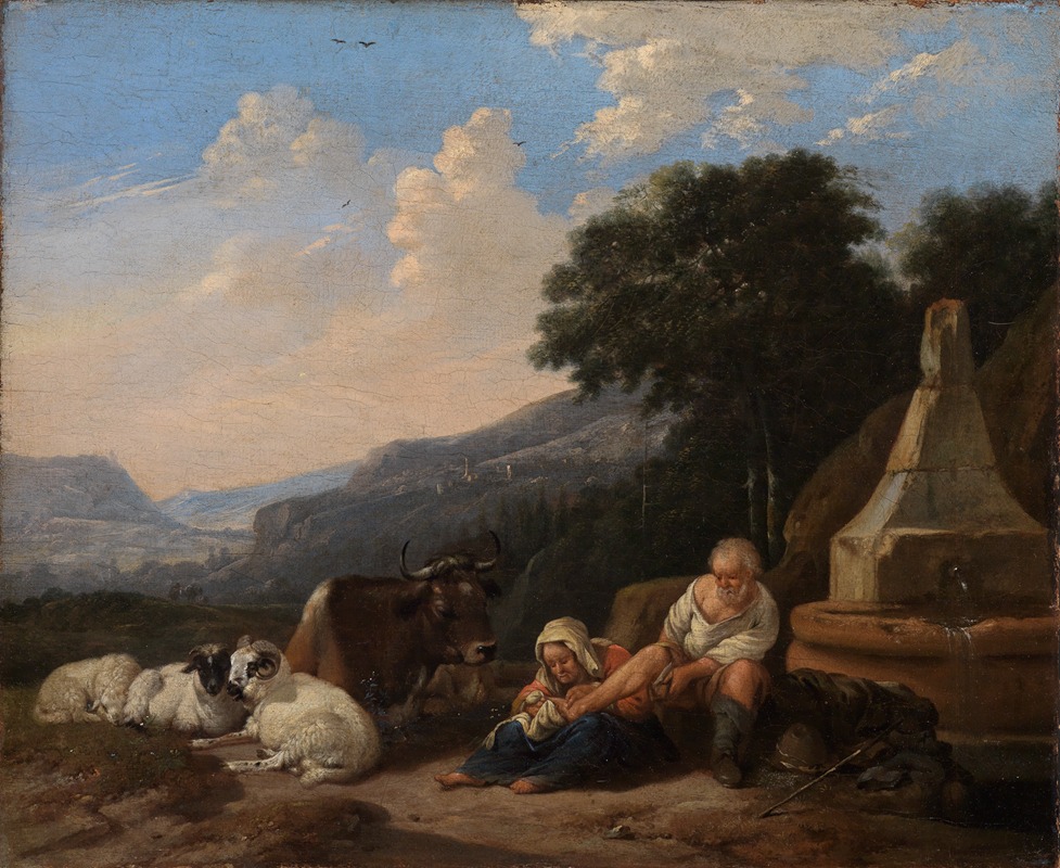 Johann Heinrich Roos - Berglandschaft mit Hirten am Brunnen