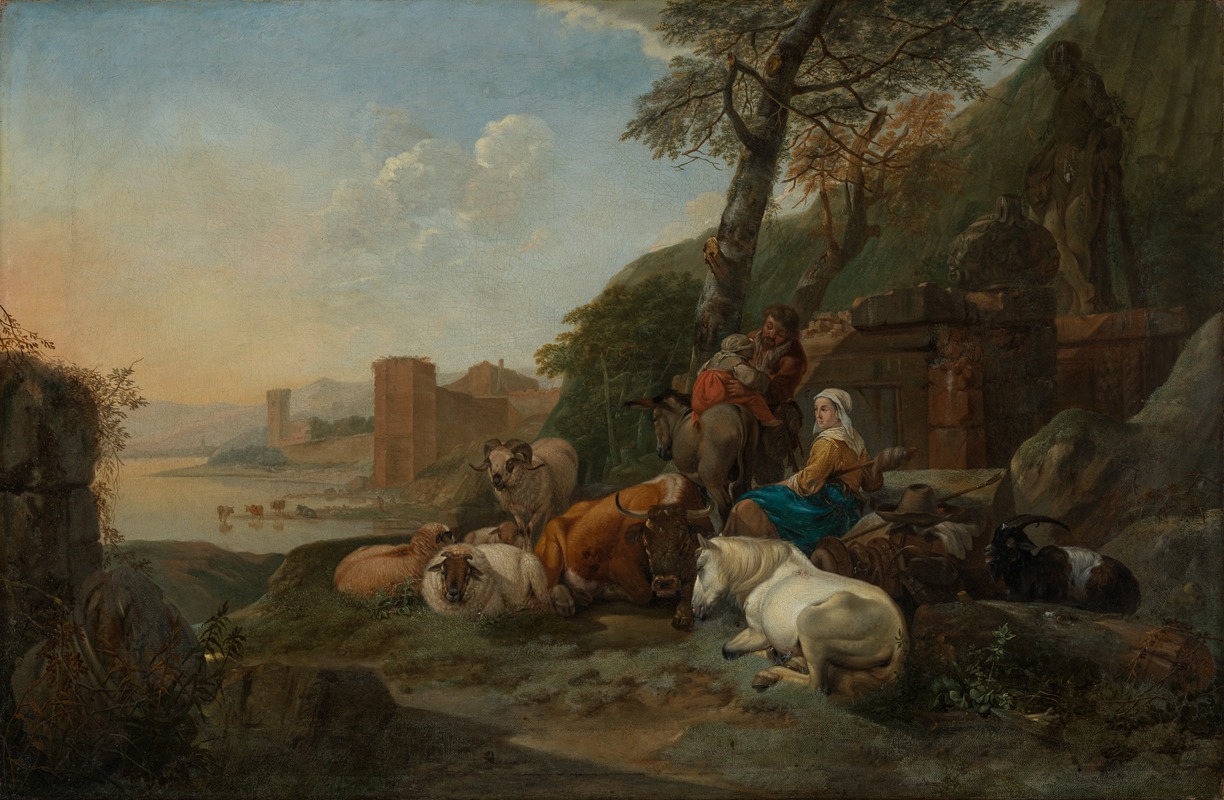 Johann Heinrich Roos - Hirtenfamilie mit lagernder Herde in südlicher Landschaft