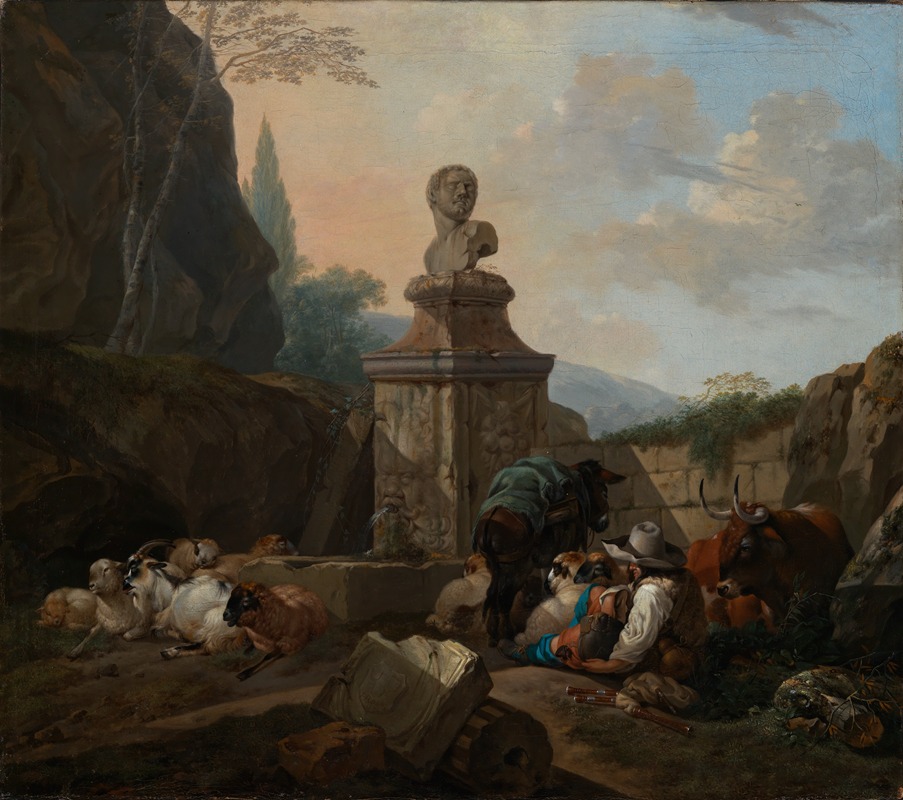 Johann Heinrich Roos - Ruhender Hirt und Herde an römischem Brunnen
