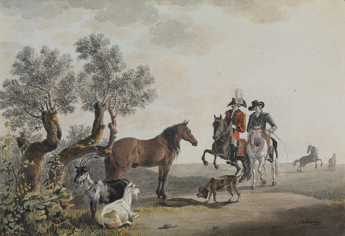Johann Jakob Biedermann - Zwei Reiter, die ihren Weg über eine Tierweide nehmen