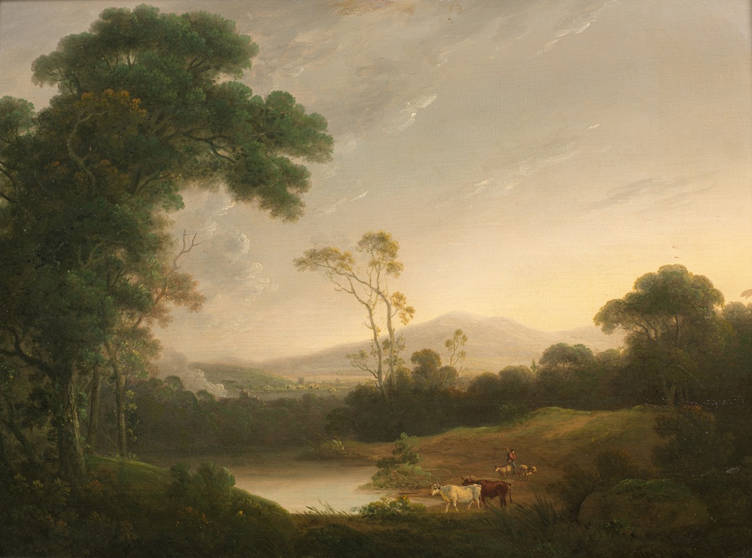 John Rathbone - An extensive Italianate landscape with a drover