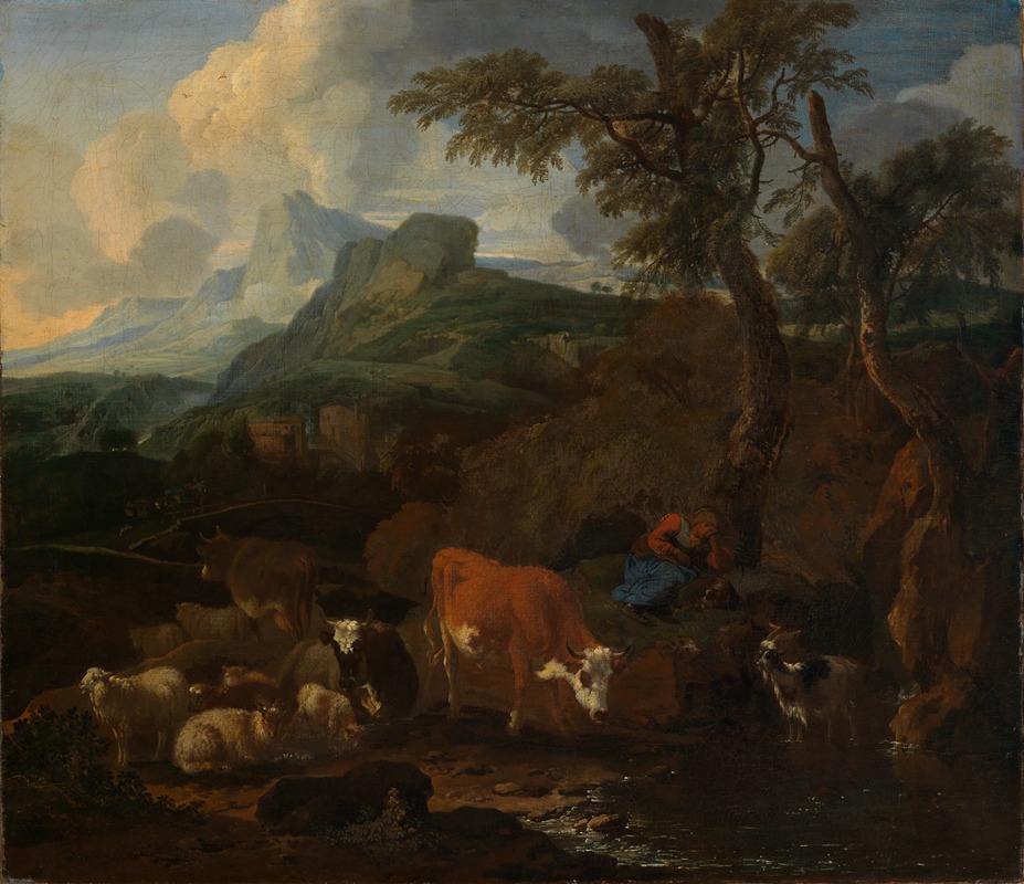 Michiel Carree - Ruhende Hirtin mit Herde in südlicher Landschaft
