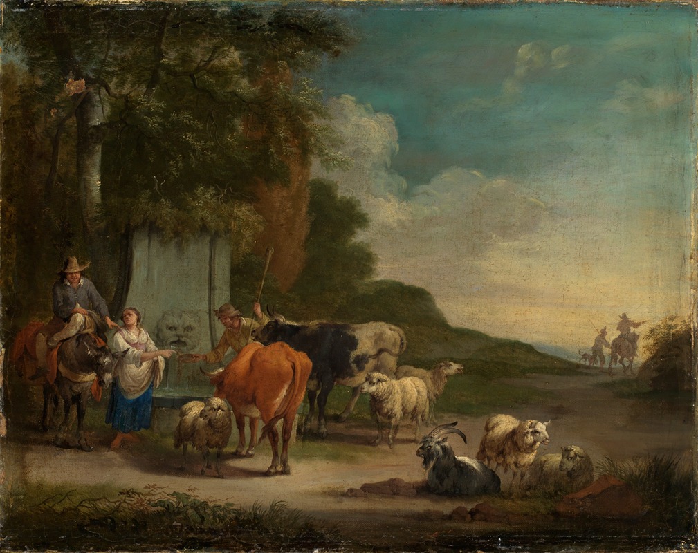 Pieter Bout - Landschaft mit Hirten und Herde am Brunnen